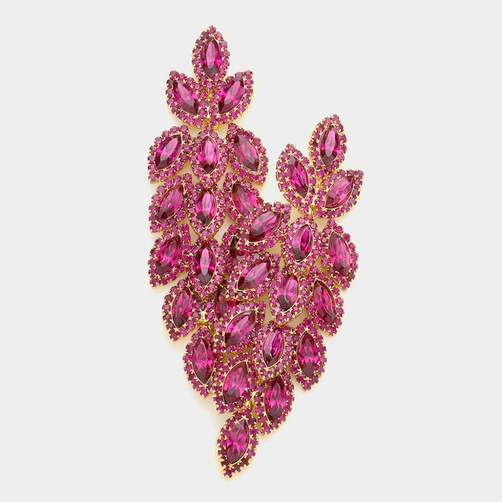 Pink Fuchsia Marquise Crystal Leaf Drop Dangle Earrings 3.25" Chandelier Evening